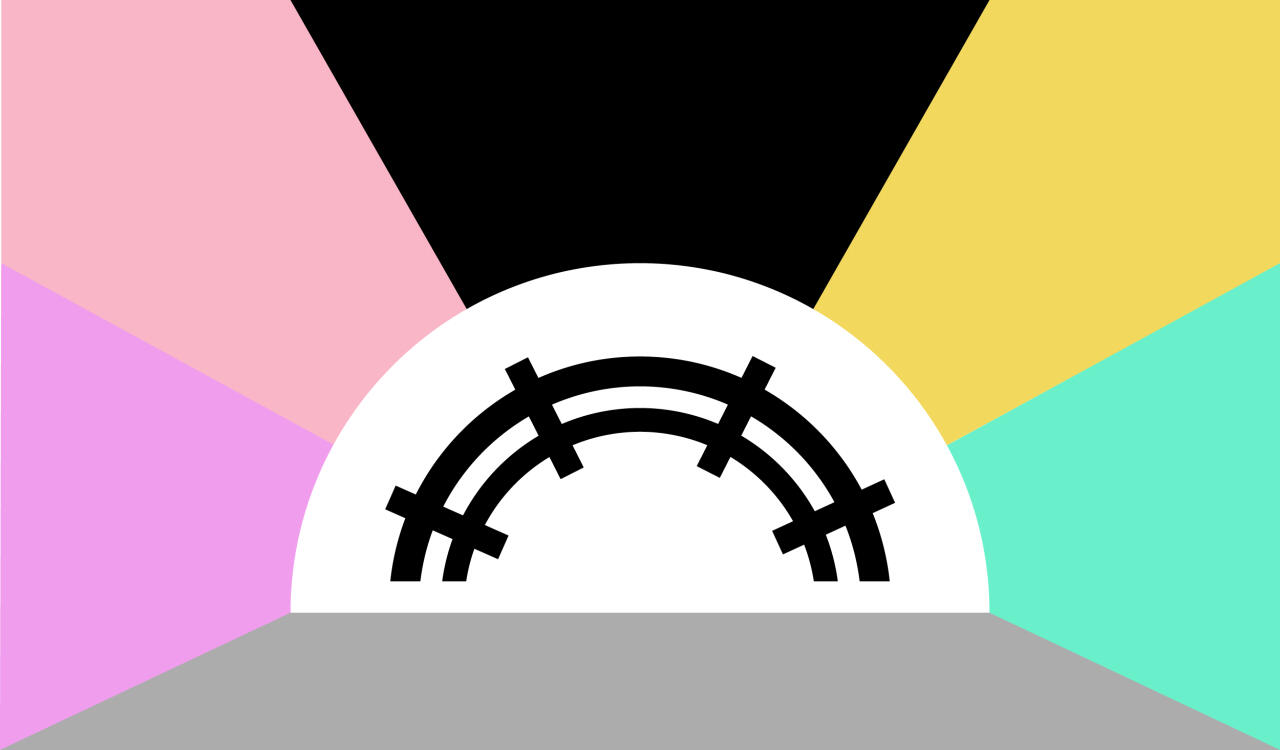 The radeviant flag: a grey foundation at the bottom, a white semicircle in the middle, lilac, pink, black, yellow, and teal rays coming out of it, and a simplified semicircle + rays pattern is repeated in black inside the white shape.